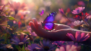 A purple butterfly landing on a child's outstretched hand, with a background of blooming spring flowers