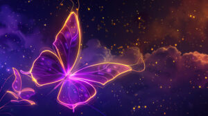 A purple butterfly with neon outlines glowing against a dark starry sky displayed in digital art format as Butterfly Glow.jpg