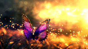A purple butterfly with shimmering wings, flying against a backdrop of a golden sunset