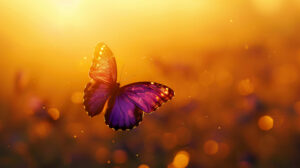 A purple butterfly with wings gleaming in the sun soaring amid a backdrop of a golden sunset
