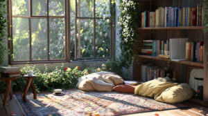 A reading nook featuring a bookshelf a soft rug cushions and a tiny table with a teacup ideal for relaxation