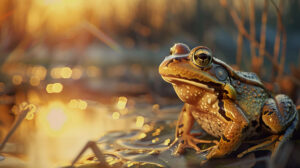 A realistic frog with detailed skin texture, sitting by a pond at sunset with warm, golden light