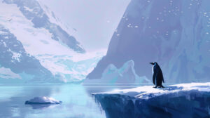 A regal penguin perched on a drifting ice fragment framed by a grand glacier on the horizon wallpaper worthy as captured in penguin on ice glacier background.jpg
