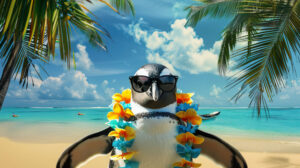 A relaxing wallpaper of a penguin with sunglasses and a Hawaiian lei chilling on a sunny tropical beach with palm trees in the background