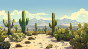 A row of cacti of different shapes and sizes along a sandy path, with mountains in the distant background