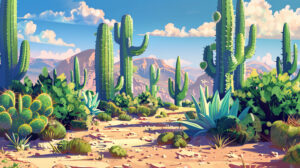 A sandy path lined with variously shaped and sized cacti leading towards distant mountains is captured in this wallpaper