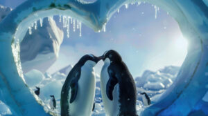 A scene featuring two penguins touching beaks with a heart shaped ice sculpture in the background captured in a wallpaper