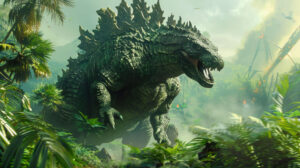A scene of Godzilla amidst a tropical forest with vibrant greenery and unusual plants standing out against its rough scaly skin