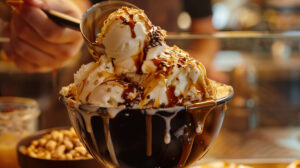 A scene of ice cream being scooped into a bowl, with various toppings like caramel sauce, nuts, and fruit ready to be added