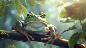 A serene image of a frog resting on a branch, with soft sunlight filtering through the leaves above