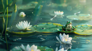 A serene pond with a small frog perched on a lily pad encircled by blooming water lilies and dragonflies captured in a beautiful wallpaper