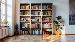 A simple bookshelf with a few art pieces neat books against a white wall a peaceful view