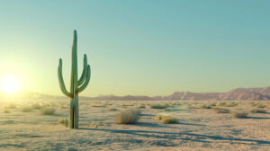 A single tall saguaro cactus standing in a vast desert under a clear blue sky with the sun setting in the background, casting long shadows