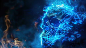 A skull consumed by swirling blue flames emits an eerie mystical radiance against a dark background