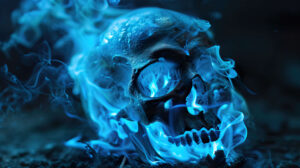 A skull engulfed in blue flames, giving off an ethereal, otherworldly glow in a dark setting