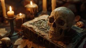 A skull laid upon an old worn book encircled by glowing candles and esoteric symbols appears in the wallpaper