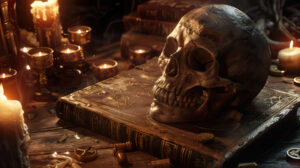 A skull resting on an ancient, weathered book, surrounded by candles and mystical symbols