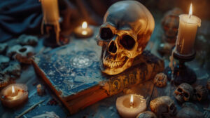 A skull resting on an old book encircled by candles and mystical symbols in the wallpaper titled Dark Mystique