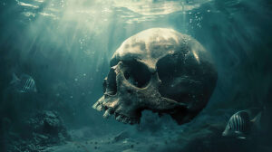 A skull submerged in deep water, with fish swimming around it and light filtering through the surface