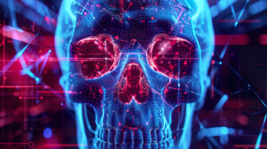 A skull with neon lines and circuits in a futuristic cyberpunk style suitable for wallpaper