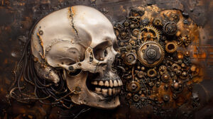 A skull with one half covered in mechanical gears and wires, merging organic and industrial elements