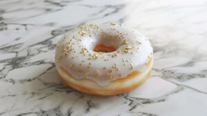 A sleek design showcases a solitary donut adorned with white frosting and gold flakes set against a marble backdrop