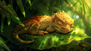 A sleepy baby dinosaur resting peacefully on a lush green leaf basking in the warm sun with a serene expression captured in a photograph named sun kissed dino.jpg