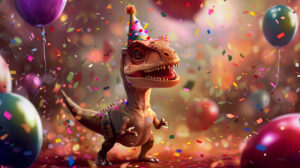 A small cheery dinosaur donning a festive hat encircled by colorful confetti and balloons on a wallpaper