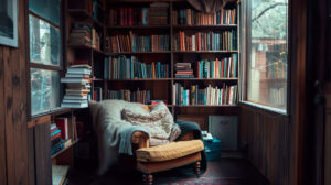 A small, cozy nook with a bookshelf filled with well loved paperbacks, a comfy chair nearby