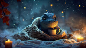 A small dinosaur wrapped in a cozy blanket, sipping hot cocoa, with a night sky filled with stars