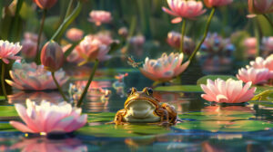 A small frog perched on a lily pad amidst a tranquil pond with colorful water lilies and fluttering dragonflies creates a serene natural scene