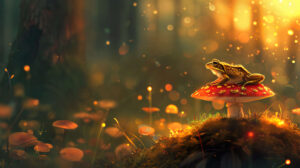 A small frog perched on a mushroom against a magical forest background bathed in soft glowing light wallpaper.jpg
