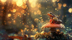 A small frog perched on a mushroom in front of a magical forest with soft glowing light in the background wallpaper.jpg