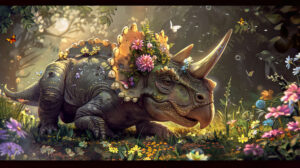 A small triceratops adorned with a crown of flowers peacefully lounging in a meadow teeming with butterflies and blossoms