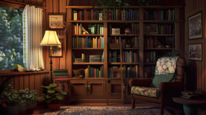 A snug corner adorned with cherished paperbacks in a bookcase with a nearby comfortable chair