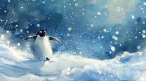 A solitary penguin gliding joyfully on its abdomen along a snow covered slope with ice crystals glistening in the air