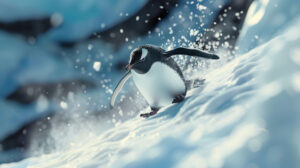 A solitary penguin gliding joyfully on its belly down a snowy slope with ice crystals shimmering in the air Wallpaper.jpg