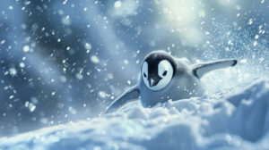 A solitary penguin happily glides on its belly down a snowy slope its joyful face beaming as ice crystals twinkle around it in the air