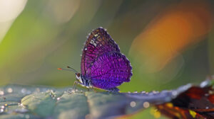 A solitary purple butterfly displaying intricate wing patterns rests on a dew kissed leaf under the soft morning glow