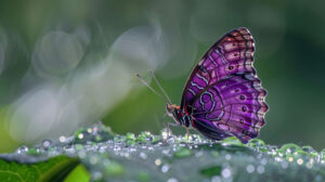 A solitary purple butterfly with detailed wing patterns resting on a leaf glistening with morning dew in soft sunlight