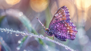 A solitary purple butterfly with intricate wing designs rests on a dew kissed leaf illuminated by the morning light