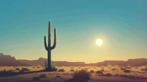 A solitary tall saguaro cactus in a vast desert under a clear blue sky as the setting sun casts long shadows in the background