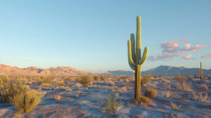 A solitary tall saguaro cactus silhouetted in a sprawling desert landscape beneath a vibrant sunset and clear blue skies creating elongated shadows