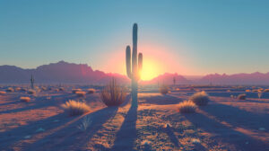 A solitary tall saguaro cactus stands in the expansive desert under a clear blue sky with the setting sun in the backdrop casting long shadows