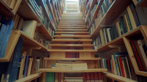 A staircase with integrated bookshelves on each step harmonizing utility and beauty