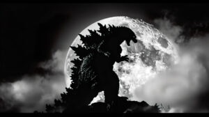 A striking wallpaper features Godzillas silhouette in black and white set against a vivid full moon crafting an iconic and dramatic scene