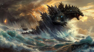 A stunning wallpaper captures Godzilla rising from the ocean amidst turbulent waves and ships being tossed about in the chaos