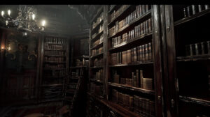 A tall, antique bookshelf with dark wood and leather bound books, set in a dimly lit room