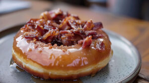 A tempting donut adorned with bacon bits and maple glaze showcased on a stylish ceramic plate a delight for your wallpaper collection