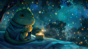 A tiny dinosaur bundled up in a warm blanket enjoying a cup of hot cocoa under a starry night sky. The scene is captured in the wallpaper titled Cozy Dino Night